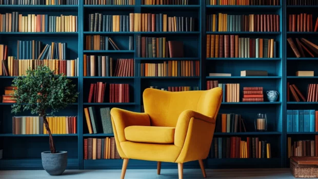 Book wallpaper with bookshelf perfectly organized by color and genre, in a cozy modern home.