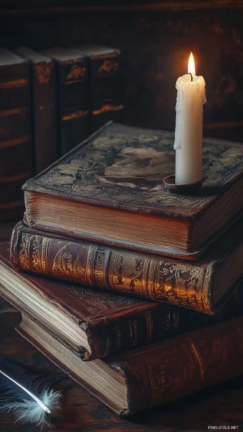 Book wallpaper with candles flickering gently around vintage tomes and feather quills.