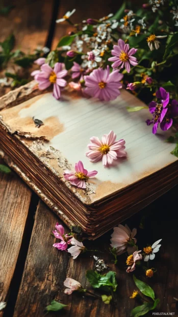Book wallpaper with flowers blooming around the edges of a notebook on a rustic table.