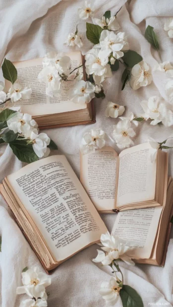 Book wallpaper with flowers scattered across vintage novels on a linen cloth, softly lit with a feminine tone.