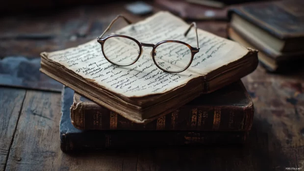 Book wallpaper with glasses resting atop an old novel and handwritten notes beside.