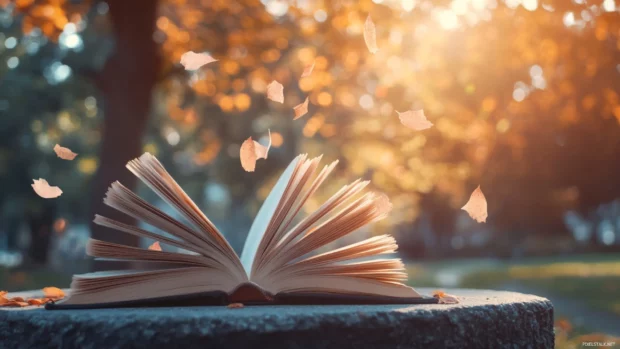 Book wallpaper with open pages fluttering in a gentle breeze, soft natural light pouring in.