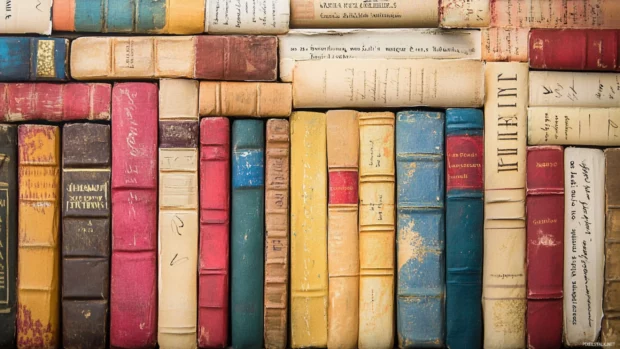 Book wallpaper with quotes written across the spines, forming an inspirational collage.