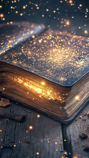 Book with glowing pages set on a wooden table for a book fantasy feel.