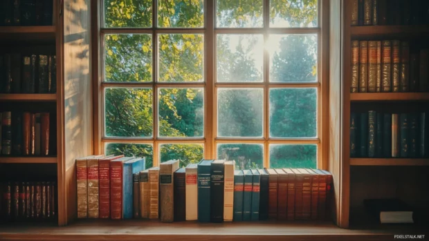 Books neatly arranged on a wooden bookshelf beside a sunlit window.