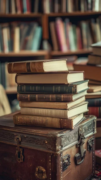 Books piled on a vintage suitcase.