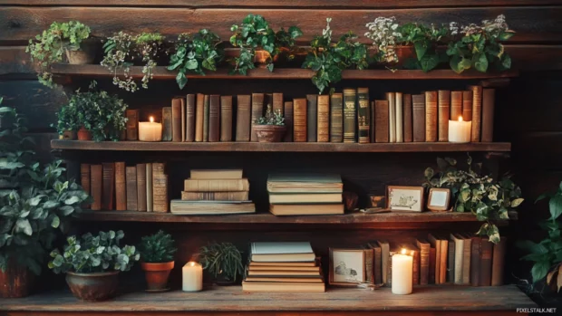 Books stacked unevenly on a rustic wooden bookshelf with plants and candles.