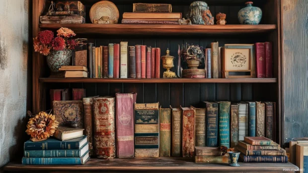Bookshelf arrangement with eclectic book covers and vintage trinkets.
