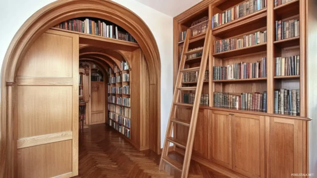 Bookshelf built into the wall with a sliding ladder and arched top.