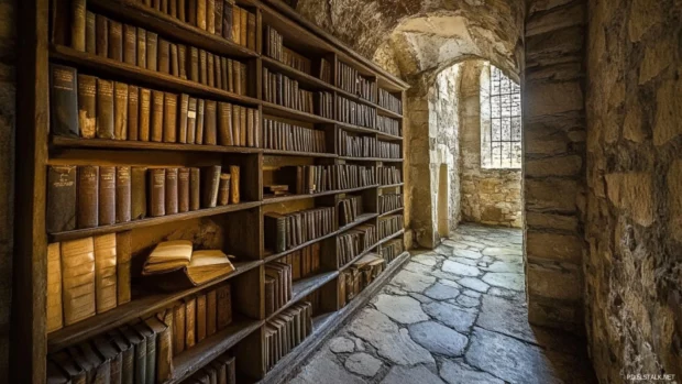 Bookshelf carved into stone walls of an old castles library.