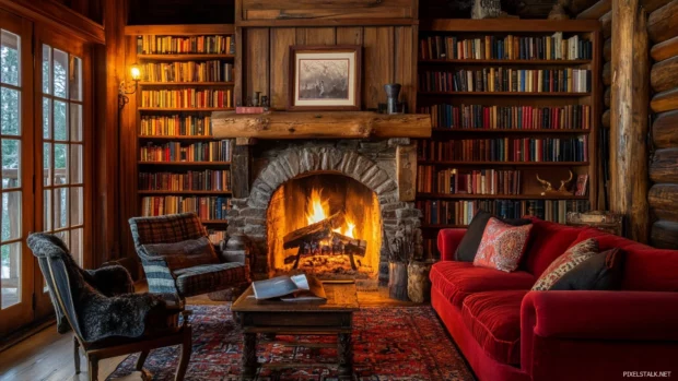 Bookshelf display in a cozy cabin with wood paneled walls and a roaring fireplace.