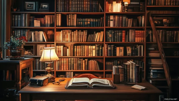 Bookshelf filled with antique novels in a cozy study room, warm lighting and vintage details.