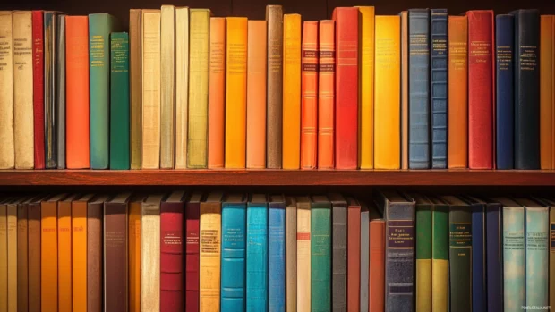 Bookshelf filled with colorful Book spines and soft golden lighting.