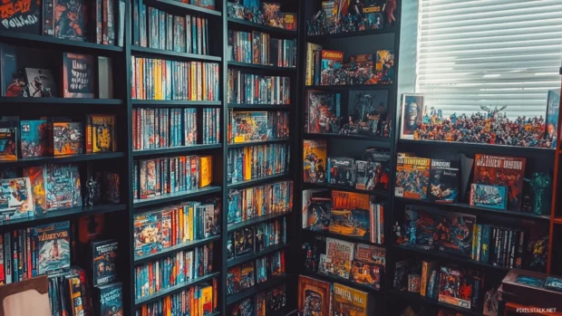 Bookshelf filled with graphic novels and collectibles in a geek 1.