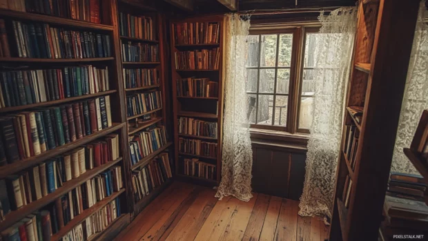 Bookshelf in a quaint village bookstore with lace curtains and wooden floor.