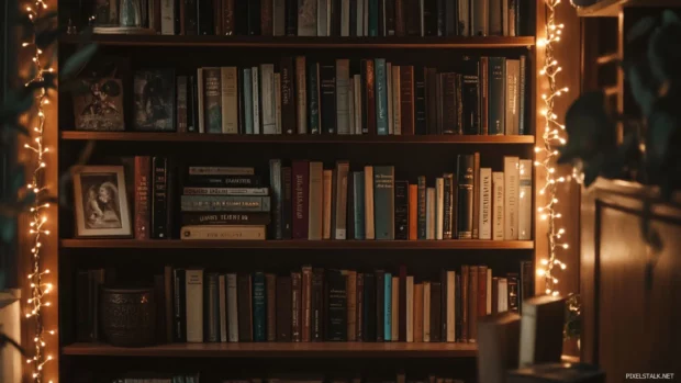 Bookshelf lit by soft fairy lights and stacked with romance novels.