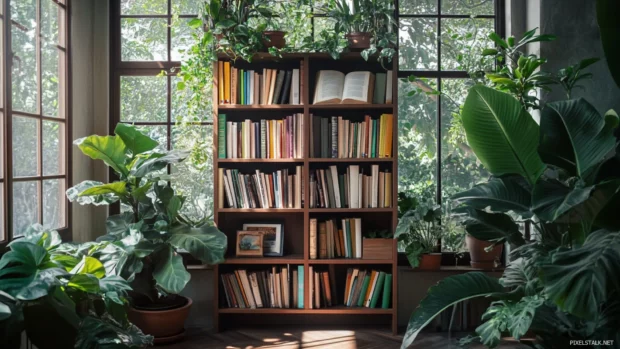 Bookshelf nestled between indoor plants in a serene reading space.
