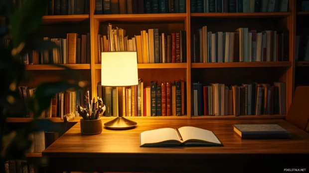 Bookshelf next to a writing desk with a glowing table lamp and journals.