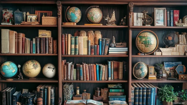 Bookshelf overflowing with travel books and souvenirs from around the world.