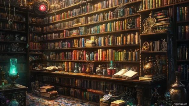Bookshelf packed with fantasy books and magical artifacts in an enchanted library.