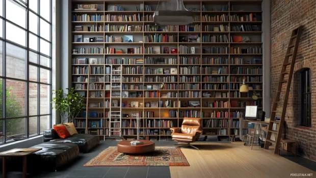 Bookshelf spanning an entire wall with ladders and artistic decor.