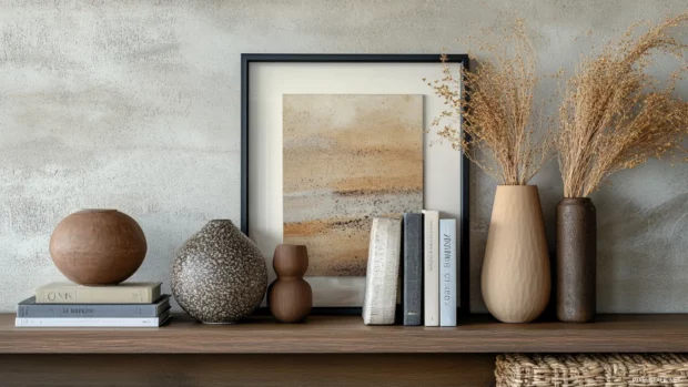 Bookshelf styled with ceramic vases, poetry books, and framed artwork.