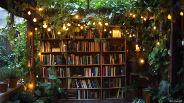 Bookshelf surrounded by hanging lights and vines in a whimsical garden nook.