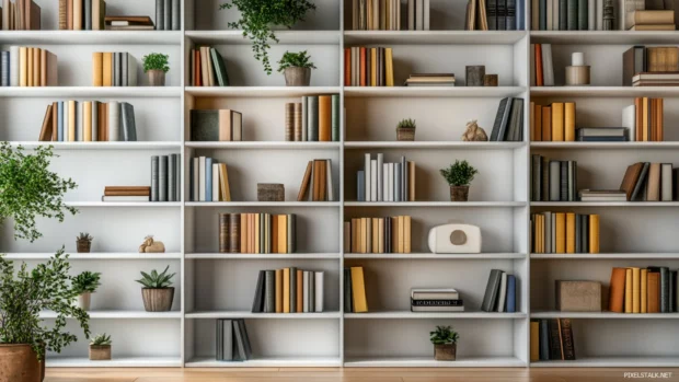 Bookshelf wallpaper for iPhone showcasing compact shelves with neatly arranged books and minimal decor.
