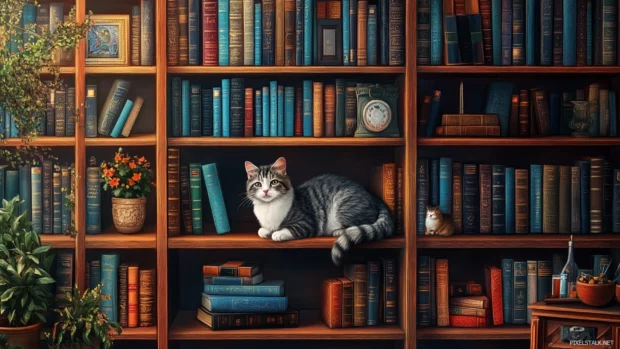 Bookshelf wallpaper with a cat lounging on the lower shelf, adding a touch of warmth and companionship.