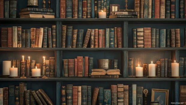 Bookshelf wallpaper with candles placed strategically among the books, evoking a sense of tranquility.