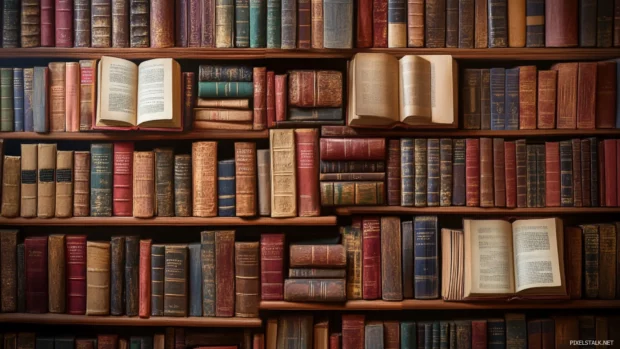 Bookshelf wallpaper with open books displayed, their pages mid turn, inviting curiosity and exploration.