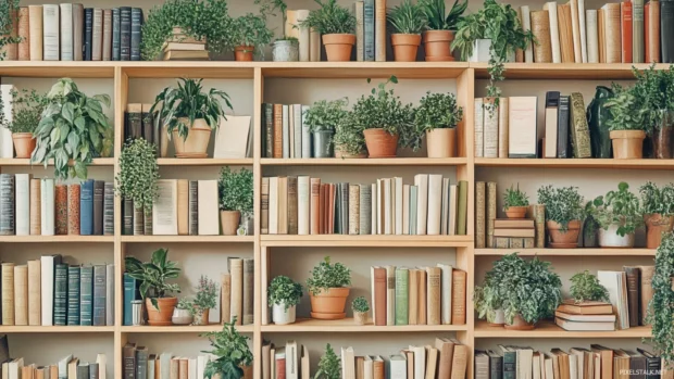 Bookshelf wallpaper with plants interspersed among the books, creating a fresh and lively atmosphere.