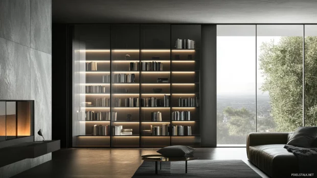 Bookshelf with glass shelves and modern backlighting in a tech savvy room.