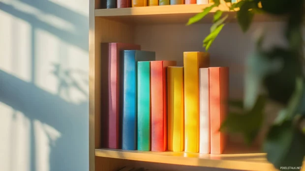 Bookshelf with rainbow color coordinated books in a cheerful reading corner.