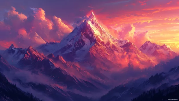 Breathtaking mountain landscape 2560x1440 wallpaper with glowing sunset light reflecting on the peaks.