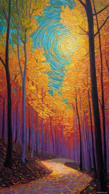 Bright Fall leaves swirling above a winding trail, surrounded by tall glowing trees.