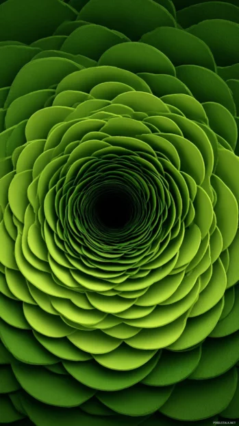 Bright Green Geometric spiral rings expanding from the center with a calming atmosphere.