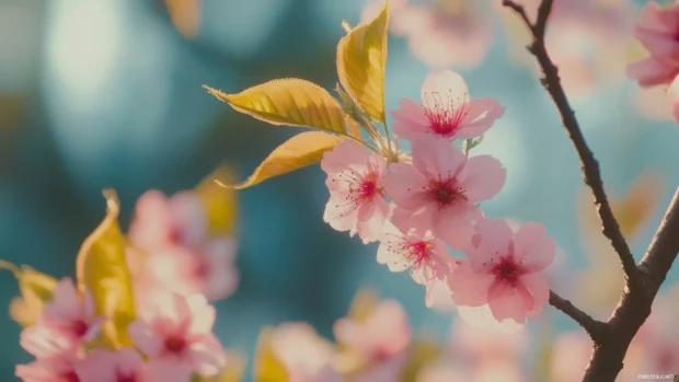 Bright Japanese cherry blossom wallpaper with cheerful springtime vibes and fresh green leaves.
