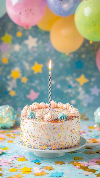 Bright and cheerful birthday wallpaper with stars and pastel hues.