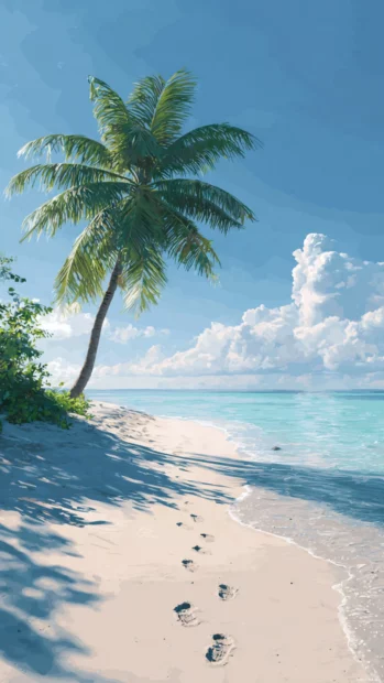 Bright and clear vertical scene featuring a Palm tree on a sunny beach with footprints in the sand.