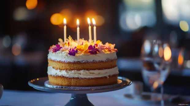 Bright candles flicker above a beautifully layered birthday cake, glowing softly.