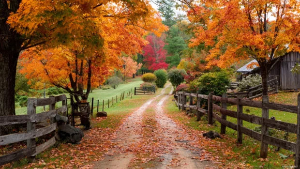 Bright fall foliage with rustic wooden fences lining a quiet countryside path, capturing the charm of autumn for Macbook users.
