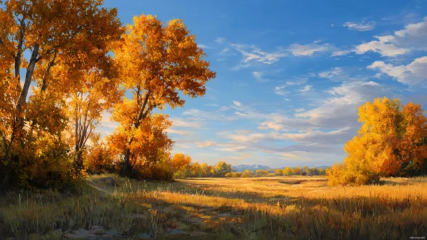 Bright fall morning with golden foliage glowing under soft sunlight and crisp blue skies.