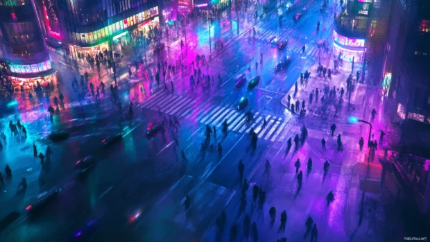 Bright neon lights illuminate Tokyo streets as people cross Shibuya Crossing under the city glow.