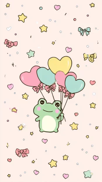 Bright pastel Kawaii Frog Wallpaper featuring a frog holding balloons shaped like hearts and stars.