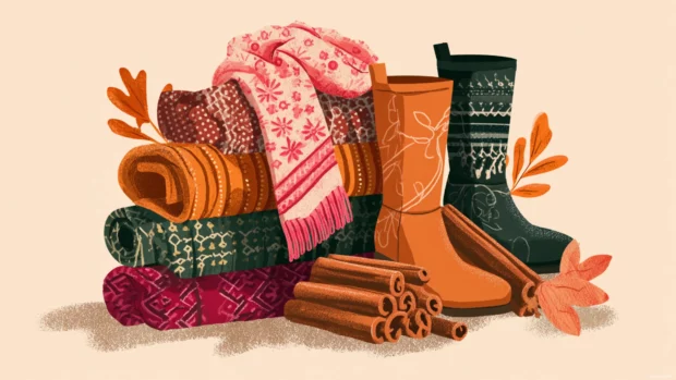 Bright preppy Fall arrangement of patterned scarves, autumn boots, and cinnamon sticks.