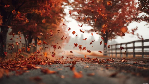Bright red and orange leaves swirling through crisp fall air in a serene countryside setting.