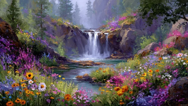 Bright wildflowers blooming around a delicate Waterfall on a peaceful spring morning.