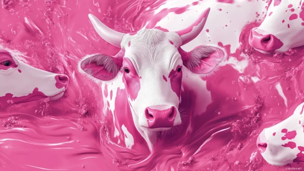 Bring charm to your desktop screen with a stylish arrangement of aesthetic pink cow print set in dynamic motion.