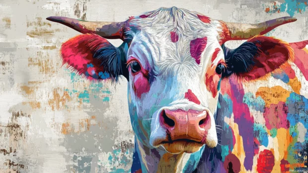 Bring charm to your workspace with an artistic depiction of colorful cow spots in balanced tones.